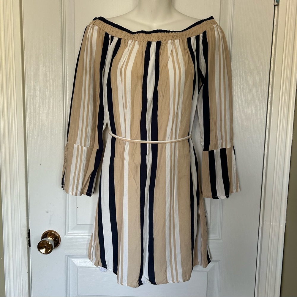 Velvet Heart Off-Shoulder Striped Dress - Beige, Navy, White Women Small